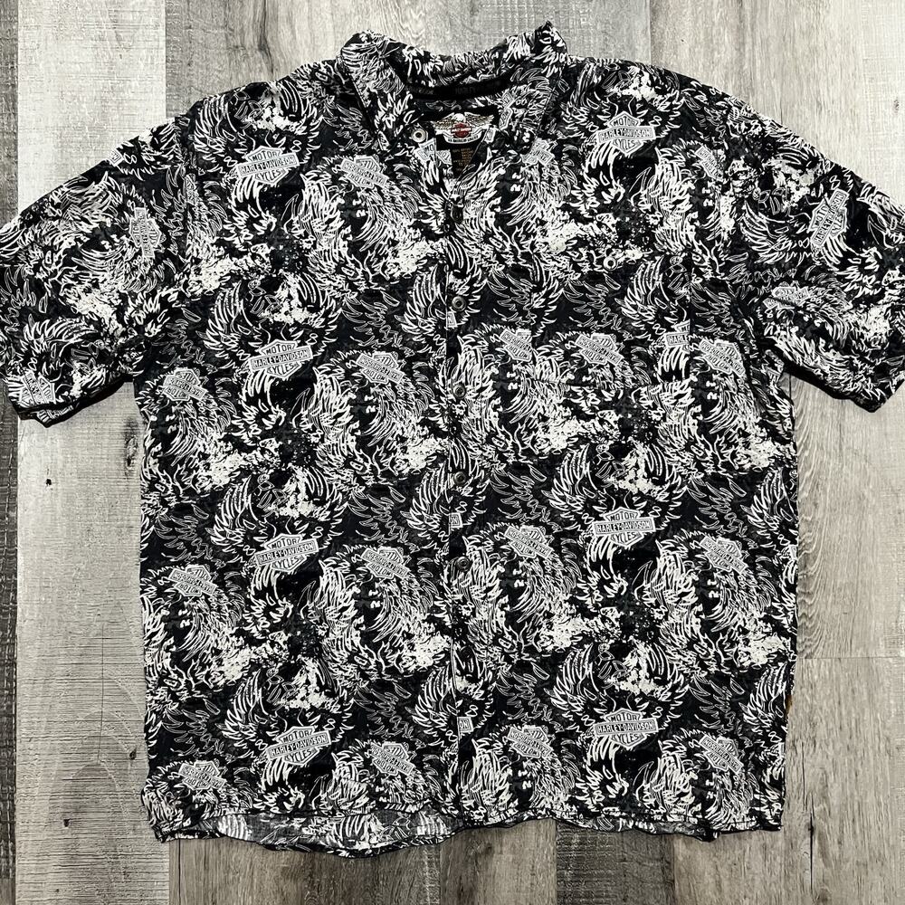 Harley Davidson Rayon Hawaiian Shirt Black/White AOP Repeat Logo Biker Camp XL